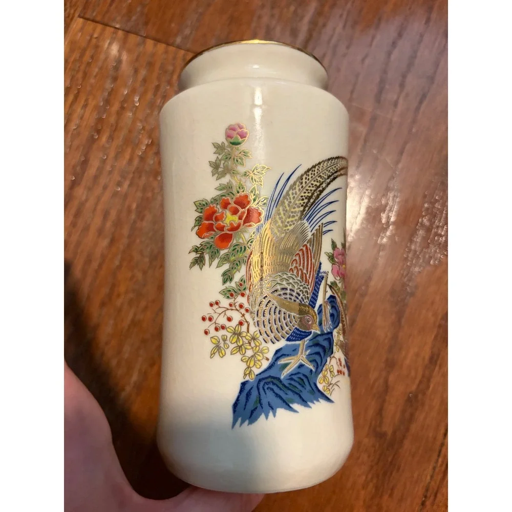 Vintage‎ Japanese Bud Vase Pheasant Floral Gold Gilt Cream 6 in